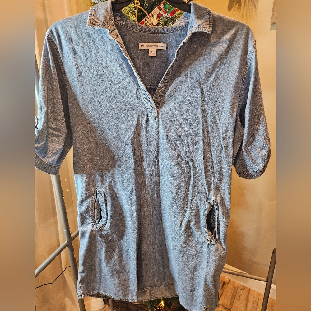 Southern Tide Kamryb Chambray Intercoastal Pullover V Neck Shirt Dress Size XL